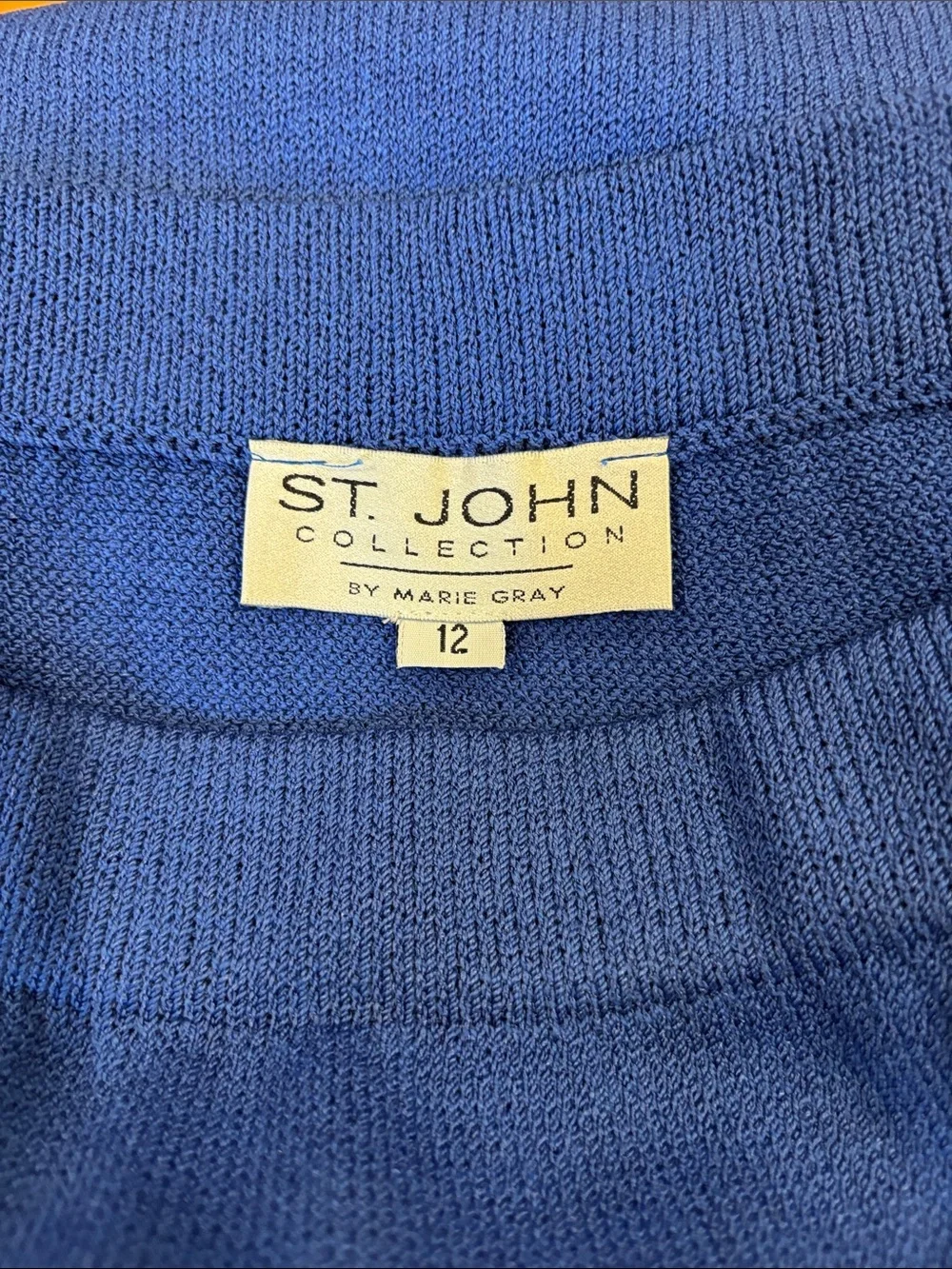 90s ST JOHN COLLECTION MARIE GRAY ROYAL BLUE SANTANA KNIT SKIRT SUIT SZ 12
